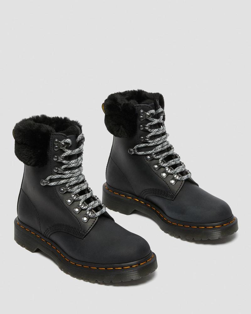 Women's Dr Martens 1460 Serena Collar Faux Fur Lined Lace Up Boots Black | AU 199CTV